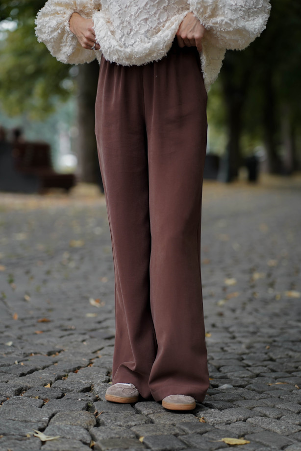 Spodnie damskie z wiskozy – szeroka nogawka, guma w pasie | Marisol