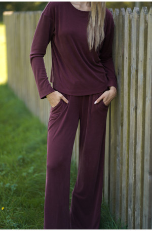 Szerokie bordowe spodnie damskie z wiskozy na gumie | MARISOL