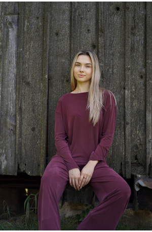 Szerokie bordowe spodnie damskie z wiskozy na gumie | MARISOL