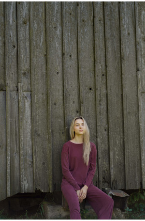 Szerokie bordowe spodnie damskie z wiskozy na gumie | MARISOL