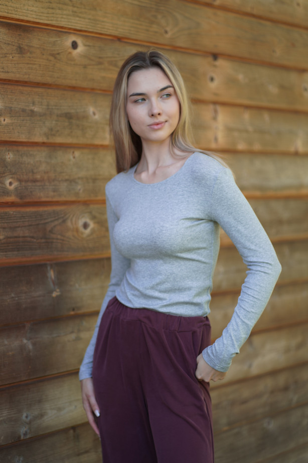 Longsleeve Classic Grey Melange z prążkowanej dzianiny | Marisol