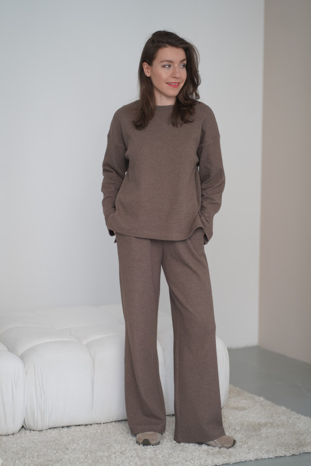 Spodnie Knitted Brown – szerokie spodnie z dzianiny na gumie z kieszeniami