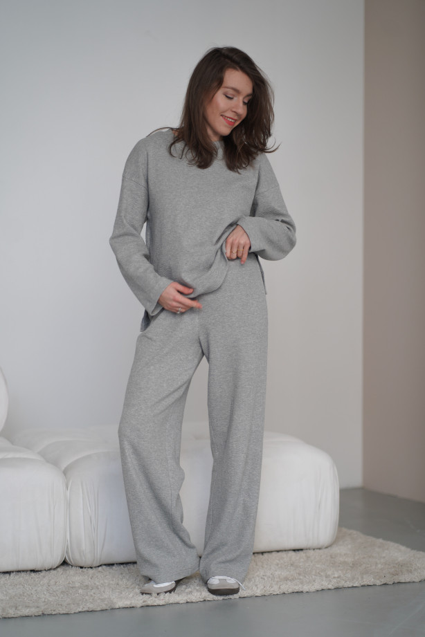 Spodnie Knitted Grey - szerokie spodnie z dzianiny na gumie z kieszeniami