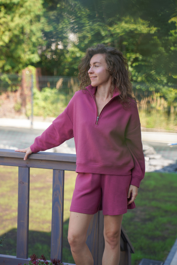Bluza polo z suwakiem - bawełna wafelkowa, oversize