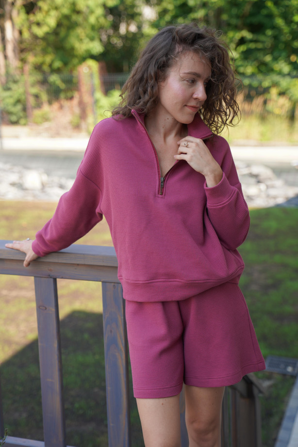 Bluza polo z suwakiem - bawełna wafelkowa, oversize